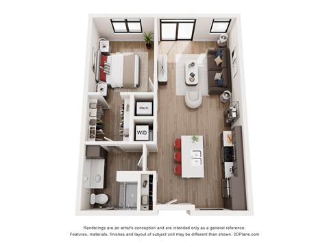 Floor plan for 1 bed, 1 bath, 739 sqft